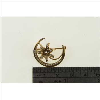 10K Victorian Crescent Moon Flower Pearl Yellow Gold Pin/Brooch