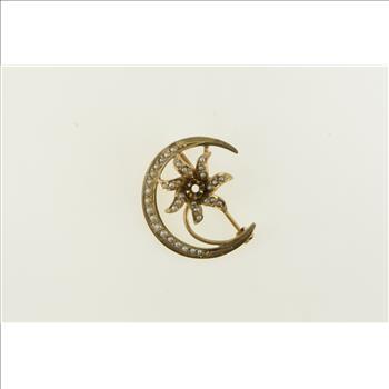 10K Victorian Crescent Moon Flower Pearl Yellow Gold Pin/Brooch
