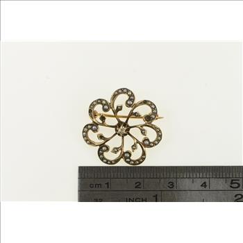 10K Victorian Diamond Seed Pearl Ornate Yellow Gold Pin/Brooch