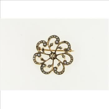 10K Victorian Diamond Seed Pearl Ornate Yellow Gold Pin/Brooch