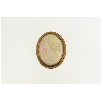 10K Victorian Engraved Coral Cameo Lady Yellow Gold Pendant