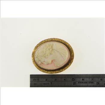 10K Victorian Engraved Coral Cameo Lady Yellow Gold Pendant