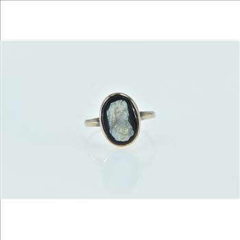 10K Victorian Onyx Cameo Ornate Carved Lady Yellow Gold Ring, Size 6
