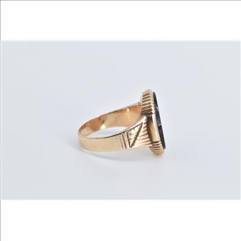 10K Victorian Ornate Carved Black Onyx Intaglio Yellow Gold Ring, Size 7.75