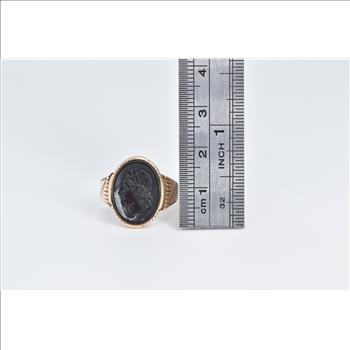 10K Victorian Ornate Carved Black Onyx Intaglio Yellow Gold Ring, Size 7.75