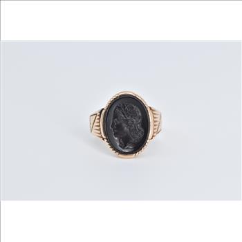 10K Victorian Ornate Carved Black Onyx Intaglio Yellow Gold Ring, Size 7.75