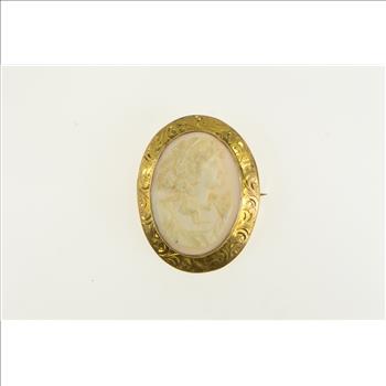 10K Victorian Shell Cameo Seed Pearl Yellow Gold Pendant/Pin