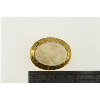 10K Victorian Shell Cameo Seed Pearl Yellow Gold Pendant/Pin