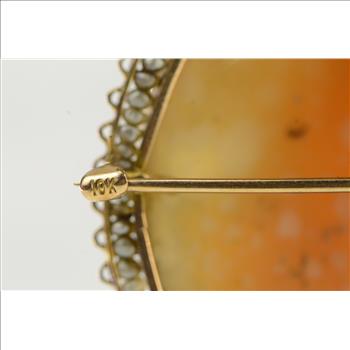 10K Vintage Coral Cameo Seed Pearl Yellow Gold Pendant/Pin