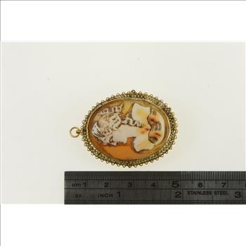 10K Vintage Coral Cameo Seed Pearl Yellow Gold Pendant/Pin