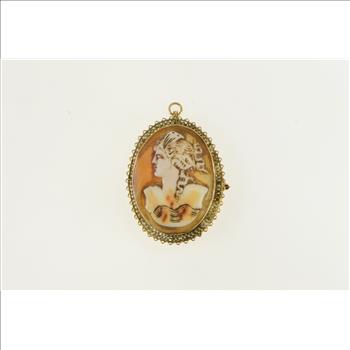 10K Vintage Coral Cameo Seed Pearl Yellow Gold Pendant/Pin