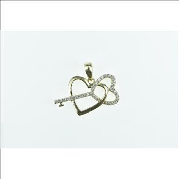 10K Vintage Diamond Heart Skeleton Key Love Yellow Gold Pendant