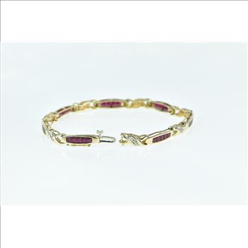 10K Vintage Diamond Syn. Ruby Princess Tennis Yellow Gold Bracelet 6.75