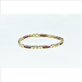 10K Vintage Diamond Syn. Ruby Princess Tennis Yellow Gold Bracelet 6.75