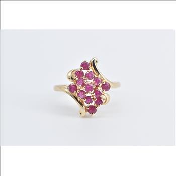 10K Vintage Natural Ruby Cluster Curvy Freeform Yellow Gold Ring, Size 8