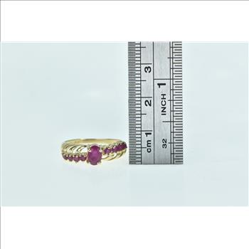 10K Vintage Oval Ruby Bypass Slanted Look Yellow Gold Ring, Size 5.75