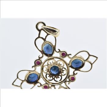 10K Vintage Sapphire Ruby Filigree Cross Yellow Gold Pendant
