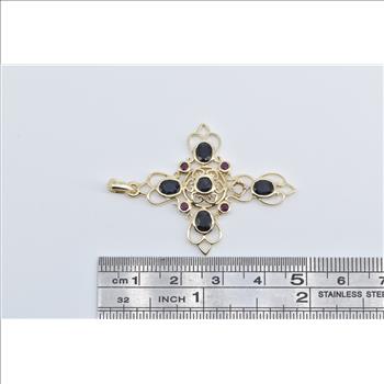10K Vintage Sapphire Ruby Filigree Cross Yellow Gold Pendant