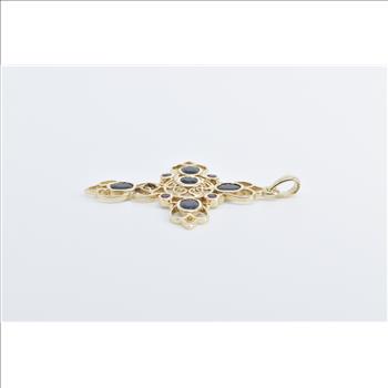 10K Vintage Sapphire Ruby Filigree Cross Yellow Gold Pendant