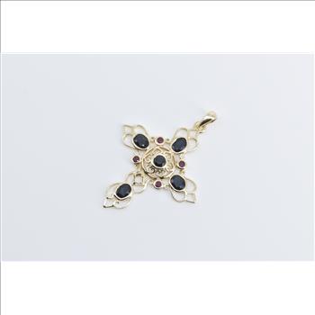 10K Vintage Sapphire Ruby Filigree Cross Yellow Gold Pendant