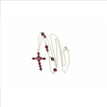 10K Vintage Sim. Garnet Cross Christian Yellow Gold Necklace 16.5