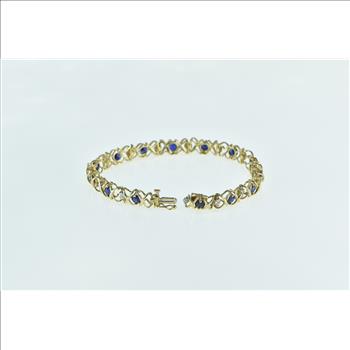 10K Vintage Syn. Sapphire Diamond X Link Tennis Yellow Gold Bracelet 7