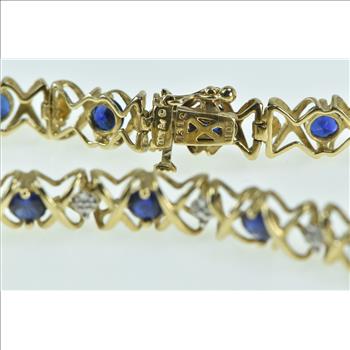 10K Vintage Syn. Sapphire Diamond X Link Tennis Yellow Gold Bracelet 7