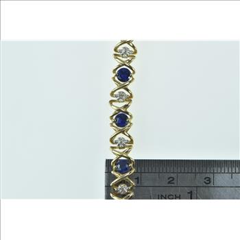 10K Vintage Syn. Sapphire Diamond X Link Tennis Yellow Gold Bracelet 7