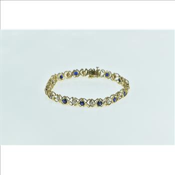 10K Vintage Syn. Sapphire Diamond X Link Tennis Yellow Gold Bracelet 7