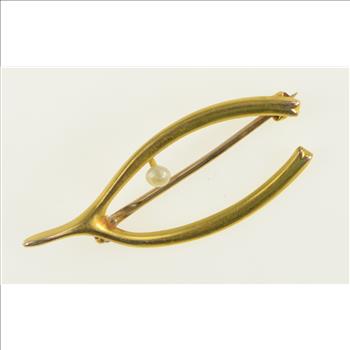 10K Wish Bone Good Luck Lucky Pearl Yellow Gold Pin/Brooch