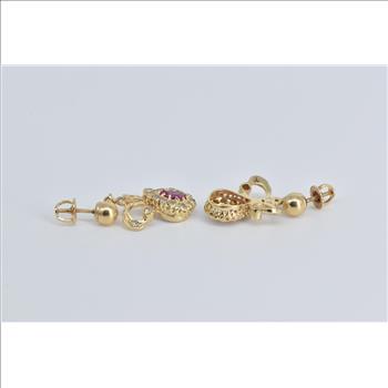 13K Pear Ruby Natural Diamond Halo Antique Dangle Yellow Gold Earrings