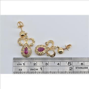 13K Pear Ruby Natural Diamond Halo Antique Dangle Yellow Gold Earrings