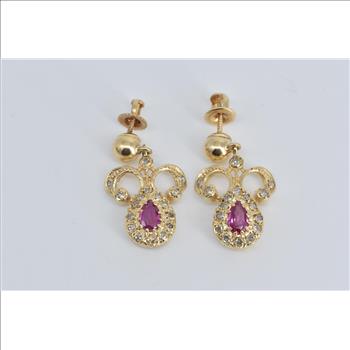 13K Pear Ruby Natural Diamond Halo Antique Dangle Yellow Gold Earrings