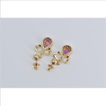 13K Pear Ruby Natural Diamond Halo Antique Dangle Yellow Gold Earrings