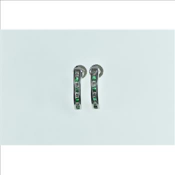 14K 0.40 Ctw Diamond Emerald Screw Back Hoop Yellow Gold Earrings