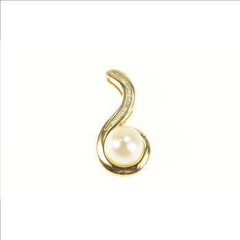 14K 0.50 Ctw Baguette Diamond Pearl Wavy Swirl Yellow Gold Pendant