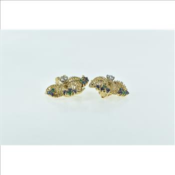 14K 0.51 Ctw Diamond Sapphire Emerald Filigree Flower Yellow Gold Earrings