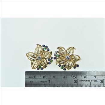 14K 0.51 Ctw Diamond Sapphire Emerald Filigree Flower Yellow Gold Earrings