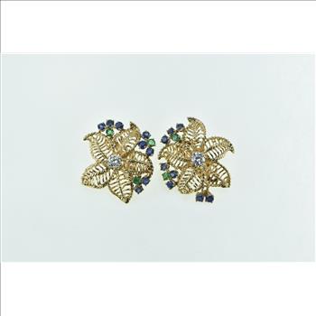 14K 0.51 Ctw Diamond Sapphire Emerald Filigree Flower Yellow Gold Earrings