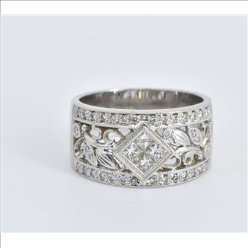 14K 0.67 Ctw Natural Diamond Vine Statement Band White Gold Ring, Size 7.25