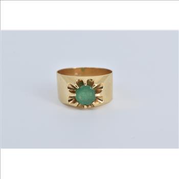 14K 0.70 Ct Natural Emerald Belcher Ornate Yellow Gold Ring, Size 9