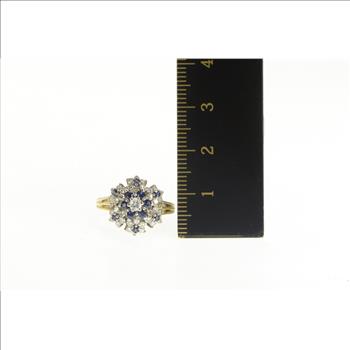 14K 0.83 Ctw Diamond Sapphire Halo Round Cluster Yellow Gold Ring, Size 5