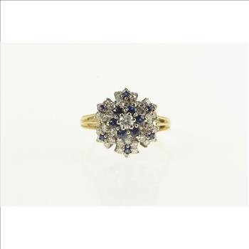 14K 0.83 Ctw Diamond Sapphire Halo Round Cluster Yellow Gold Ring, Size 5