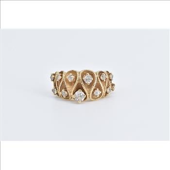 14K 0.87 Ctw Natural Diamond Vintage Wave Band Yellow Gold Ring, Size 8.25