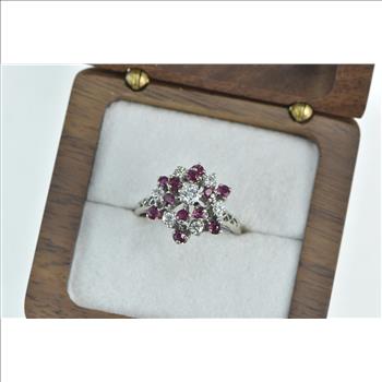 14K 0.88 Ctw Ruby Diamond Cluster Statement White Gold Ring, Size 7.75