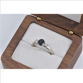 14K 0.90 Ctw Natural Sapphire Diamond Engagement White Gold Ring, Size 7.25
