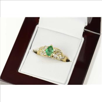 14K 0.91 Ctw Natural Emerald Diamond Engagement Yellow Gold Ring, Size 7.25