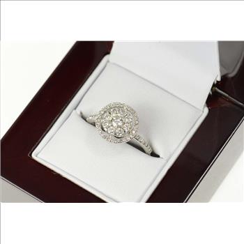 14K 0.93 Ctw Diamond Halo Cluster Engagement White Gold Ring, Size 6.75