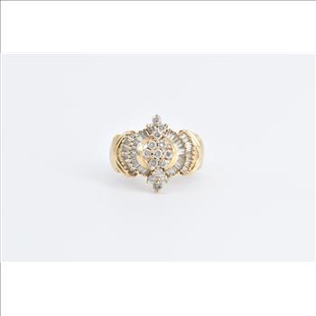 14K 1.00 Ctw Diamond Cluster Vintage Statement Yellow Gold Ring, Size 7
