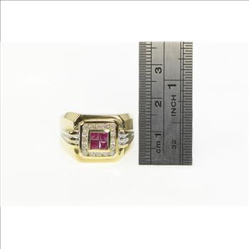 14K 1.00 Ctw Princess Syn. Ruby Diamond Squared Yellow Gold Ring, Size 11